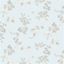 Small Rose Vines Turquoise & Grey Wallpaper