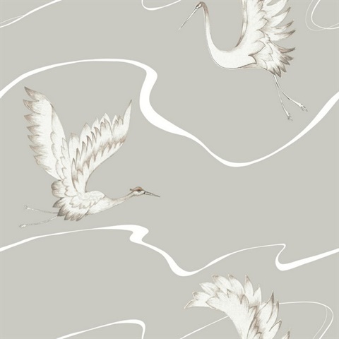 Grey Soaring Cranes Asian Motif Bird Wallpaper
