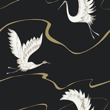 Black Soaring Cranes Asian Motif Bird Wallpaper