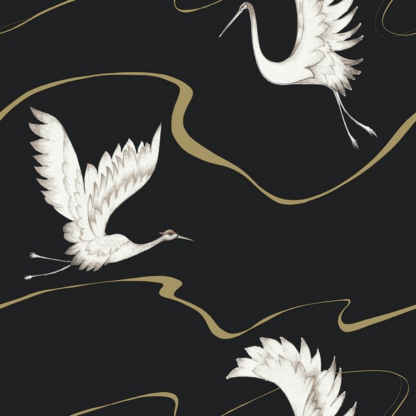BW3871 | Black Soaring Cranes Asian Motif Bird Wallpaper