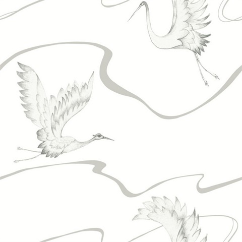 Neutral Soaring Cranes Asian Motif Bird Wallpaper