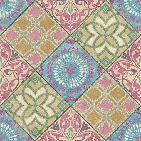 Soft Blue, Pink, Mustard & Green Commercial Tile Wallpaper