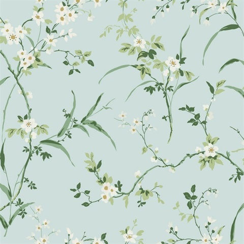 Spa Blue Painterly Floral & Leaf  Wallpaper