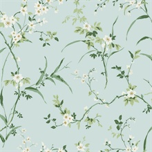 Spa Blue Painterly Floral &amp; Leaf  Wallpaper