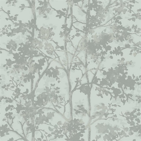 Spa & Silver Metallic Floral & Leaf Texture Wallpaper
