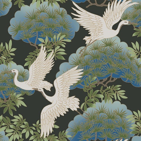 Sprig & Heron Black Graceful Birds Wallpaper