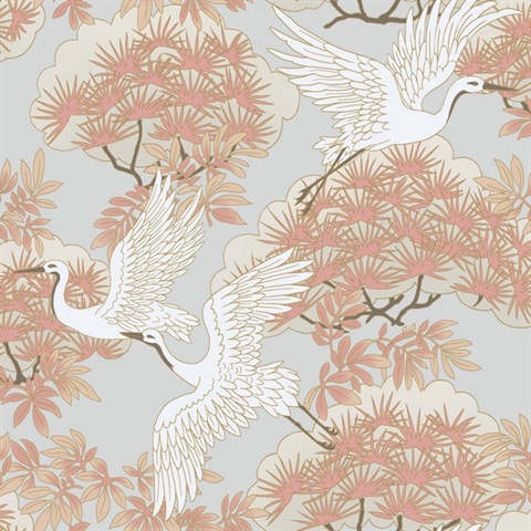 Sprig & Heron Coral Graceful Birds Wallpaper