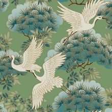 Sprig & Heron Green Graceful Birds Wallpaper