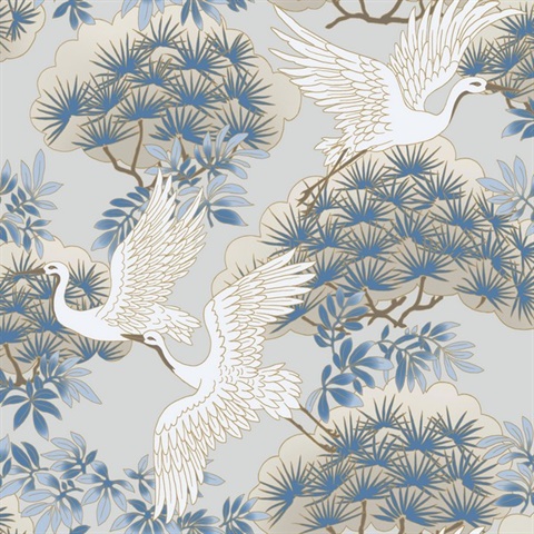 Sprig & Heron Light Blue Graceful Birds Wallpaper