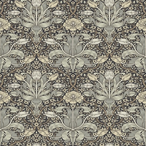 Spring Thicket Blue Tulip Damask Wallpaper