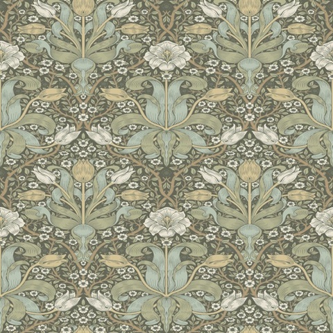 Spring Thicket Green Tulip Damask Wallpaper