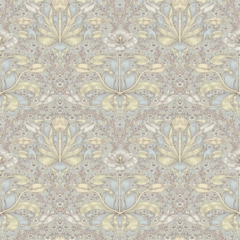Spring Thicket Light Blue Tulip Damask Wallpaper