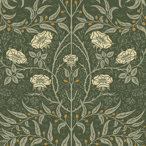 Stenciled Floral Floral Evergreen Peel and Stick Wallpaper