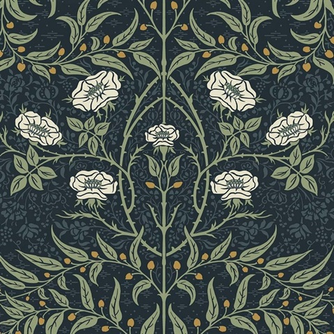 Stenciled Floral Floral Navy & Sage Peel and Stick Wallpaper