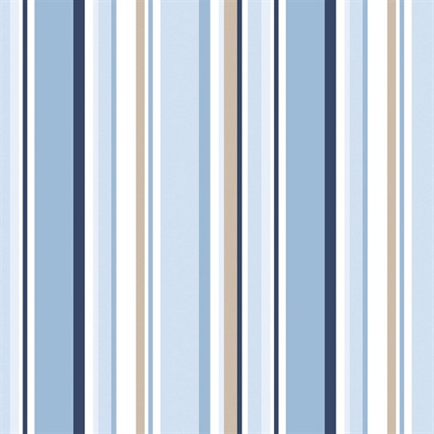 Step Stripe Navy Blue, Blue & Beige Retro Wallpaper