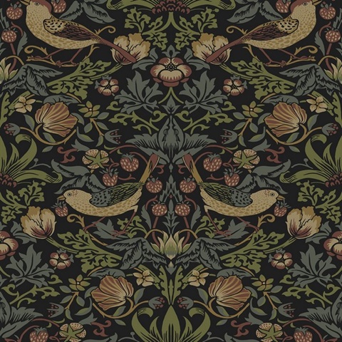 Strawberry Garden Botanical Black Peel and Stick Wallpaper
