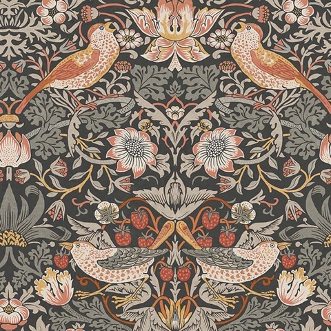 Strawberry Thief Charcoal Black Victorian Fruit Leaf Wallpaper