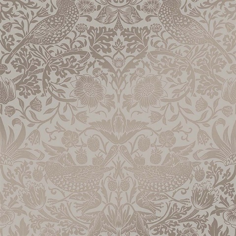 Strawberry Thief Dark Taupe & Metallic Victorian Fruit Leaf Wallpaper