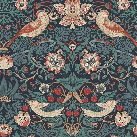 Strawberry Thief Deep Blue Victorian Fruit Leaf Wallpaper