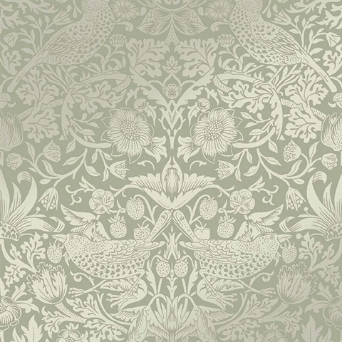 Strawberry Thief Sage Victorian Fruit Leaf Wallpaper