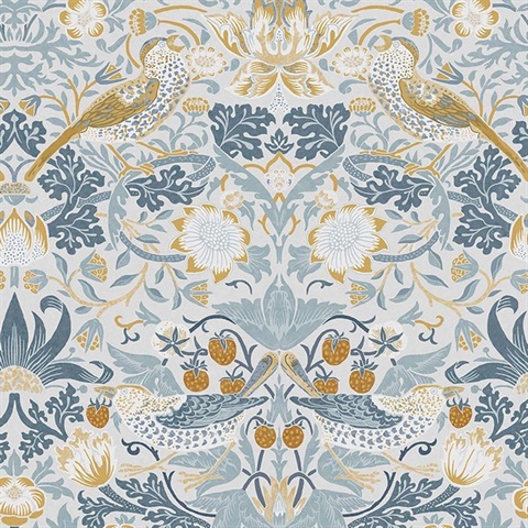 Strawberry Thief Soft Blue Victorian Fruit Leaf Wallpaper