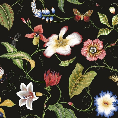 Summer Garden Floral Floral Jet Black Peel and Stick Wallpaper