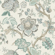 Summer Sky &amp; French Blue Large Floral &amp; Leaf Bernadette Jacobean Wallp