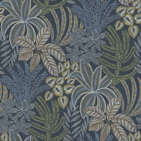 Sumner Navy Blue Woodland Botanical Leaf Wallpaper