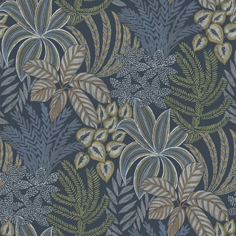 2970-13904 | Sumner Navy Blue Woodland Botanical Leaf Wallpaper