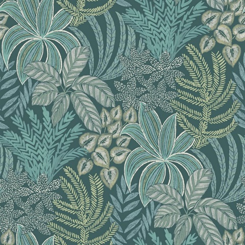 Sumner Teal Woodland Botanical Leaf Wallpaper