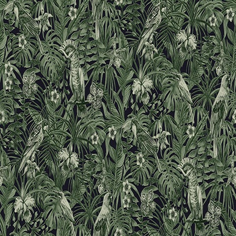 Susila Green Textured Tropical Leaves with Birds Wallpaper