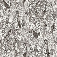 Susila Grey Textured Tropical Leaves with Birds Wallpaper