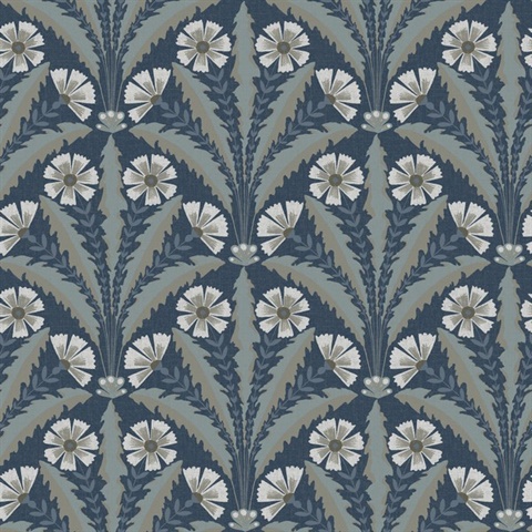 Tap Root Dark Blue Floral Damask Wallpaper