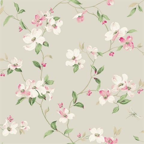 Taupe Acrylic Texture Dogwood Floral & Leaf Wallpaper