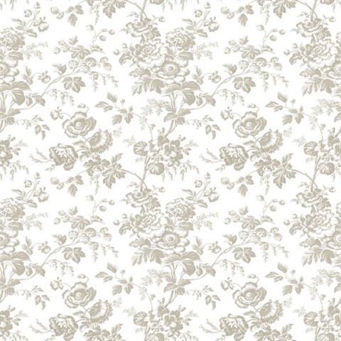 Taupe Anemone French Vine Toile Wallpaper