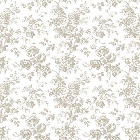 Taupe Anemone French Vine Toile Wallpaper