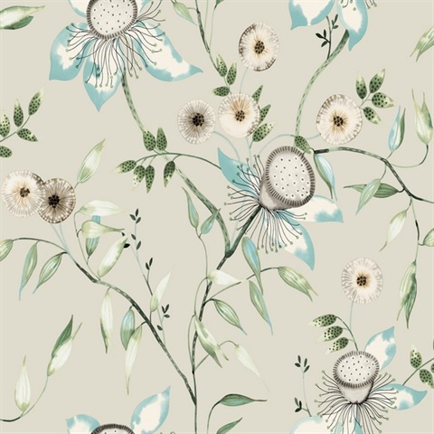 Taupe & Aqua Artistic Floral & Leaf Wallpaper