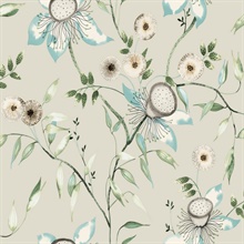 Taupe &amp; Aqua Artistic Floral &amp; Leaf Wallpaper