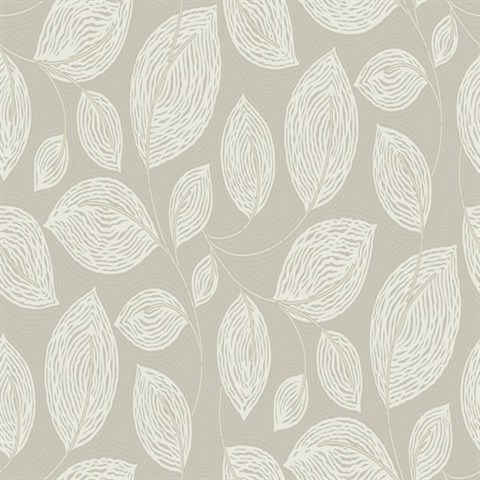 Taupe Contoured Textured Sketch Leaves Wallpaper