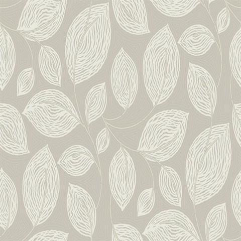 Taupe Contoured Textured Sketch Leaves Wallpaper