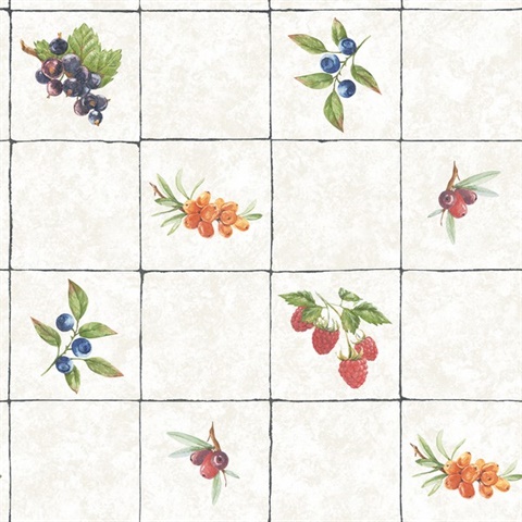 Taupe Faux Tile with Fruit & Berries Wallpaper