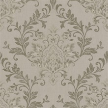 Taupe & Gold Ornamental Distressed Textured Large Damask Wallpaper