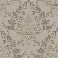 Taupe & Gold Ornamental Distressed Textured Large Damask Wallpaper