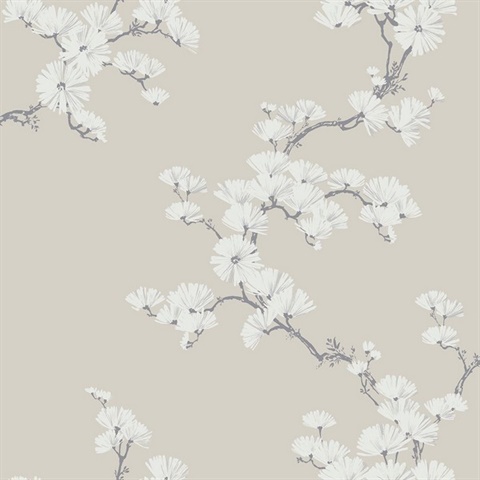 Taupe, Grey & White Chinoiserie Garden Tree Wallpaper