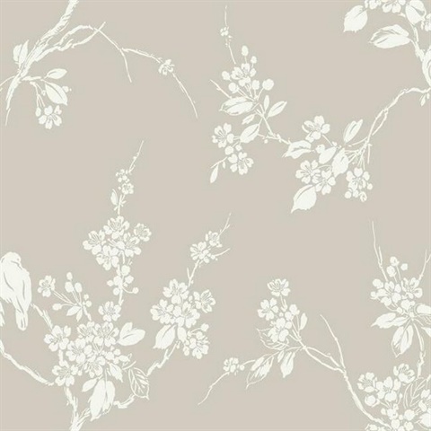 Taupe Imperial Floral Blossoms Branch Prepasted Wallpaper