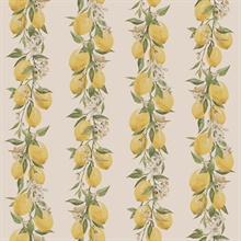 Taupe Lemon & Leaf Vine Stripe Wallpaper