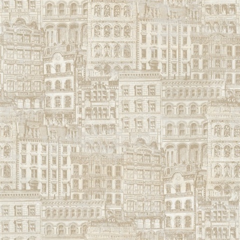 Taupe Old Boston City Houses Wallpaper