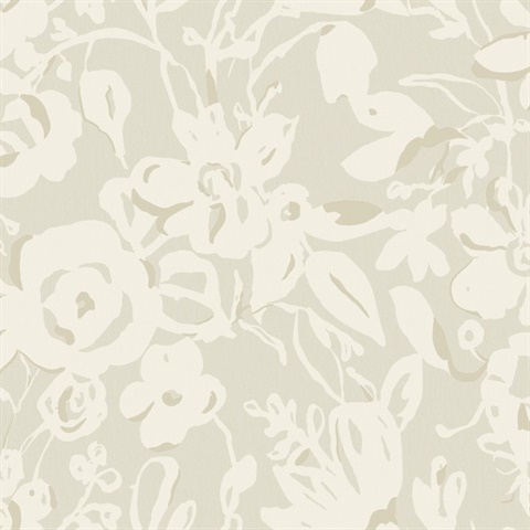 Taupe Painterly Brushstroke Floral Wallpaper