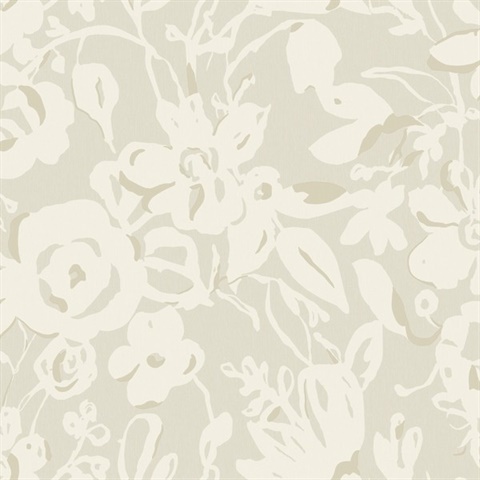 Taupe Painterly Brushstroke Floral Wallpaper