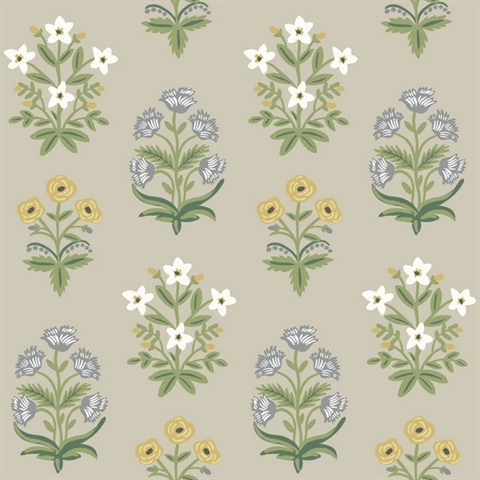 Taupe & Purple Mughal Rose Floral Block Print Wallpaper